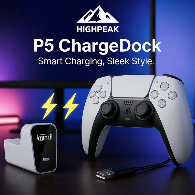 HighPeak P5 ChargeDock in white with LED smart charging dock and DualSense controller on black surface
