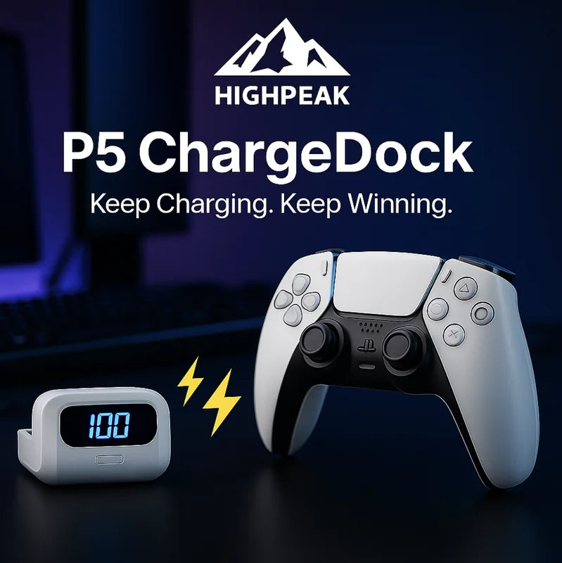 HighPeak P5 ChargeDock showing LED battery display next to white DualSense controller on dark gaming desk