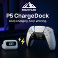 HighPeak P5 ChargeDock showing LED battery display next to white DualSense controller on dark gaming desk