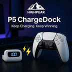 HighPeak P5 ChargeDock showing LED battery display next to white DualSense controller on dark gaming desk