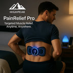 HighPeak PainRelief Pro EMS device on man's lower back showing intensity level 13, targeting muscle pain relief.