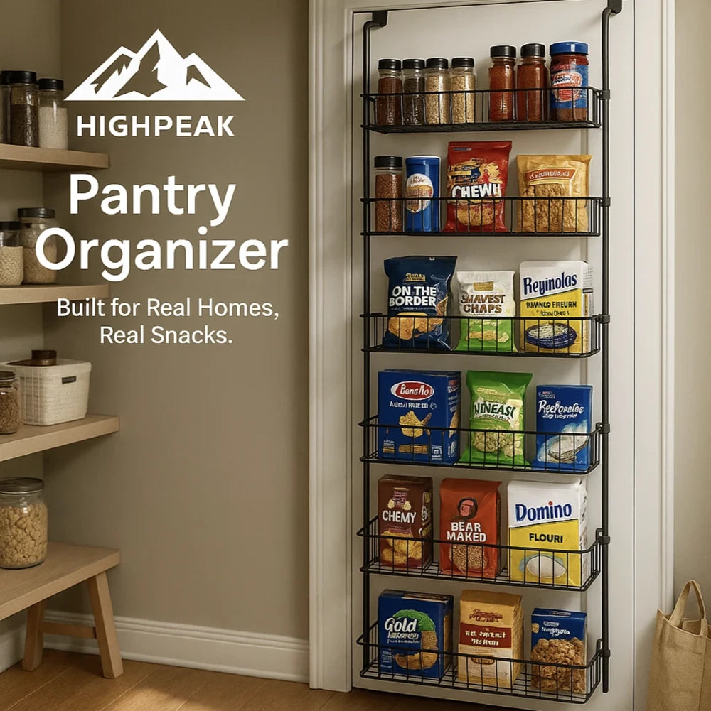 HighPeak Over the Door Pantry Organizer in black metal with six tiers holding snacks and spices in a kitchen doorway