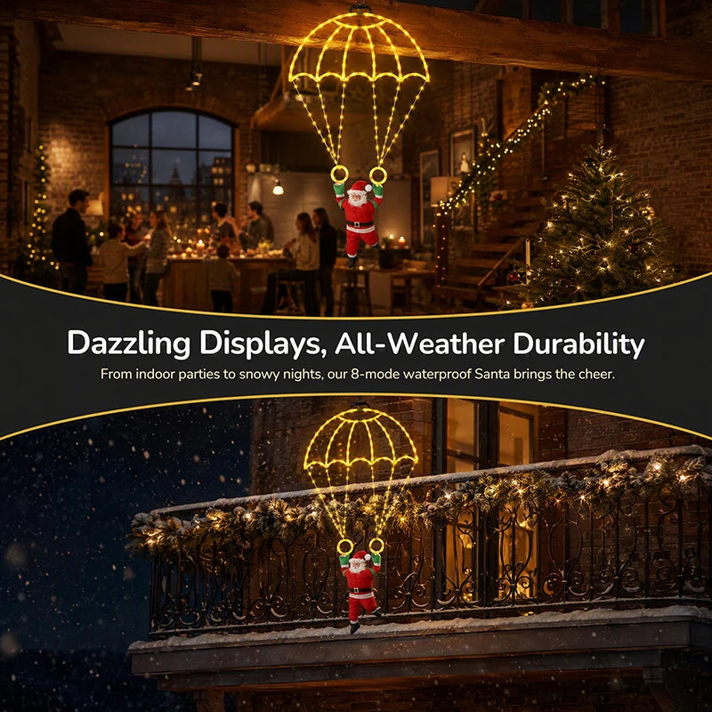 Warm white Parachuting Santa Lights shown in indoor and outdoor settings with an eight-mode feature graphic.