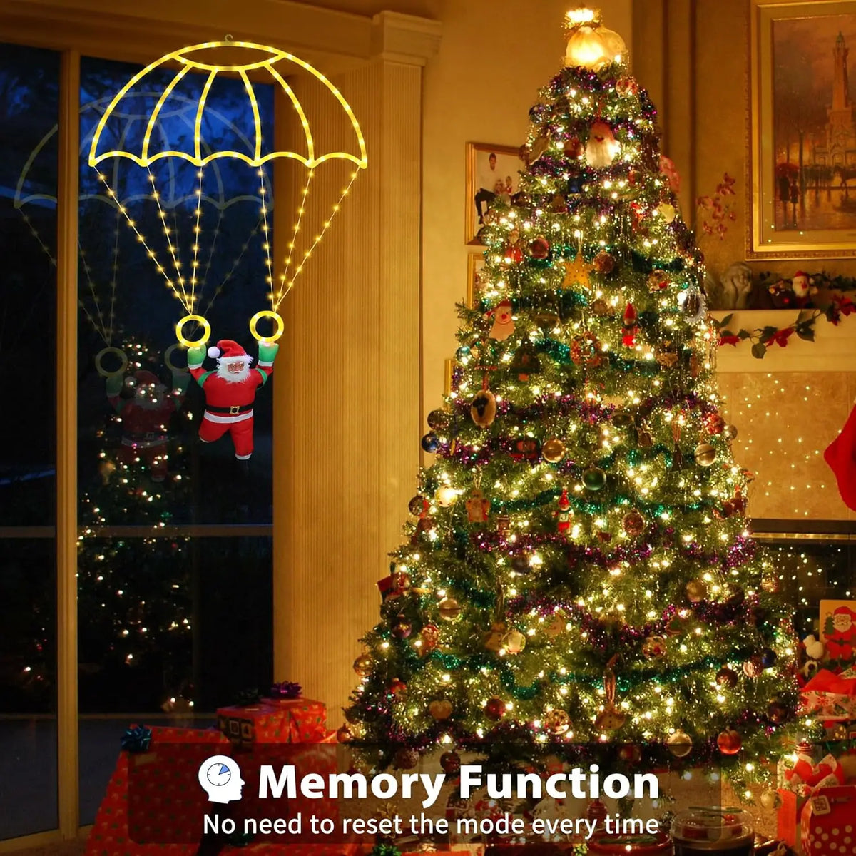 Parachuting Santa Lights beside a Christmas tree and window with a caption describing the memory function.