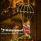 Warm white Parachuting Santa Lights hanging from a balcony with a waterproof indoor-outdoor feature caption.