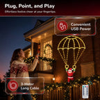 Parachuting Santa Lights feature graphic showing USB power, a 3-meter cable, and remote control.