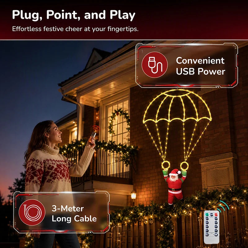 Parachuting Santa Lights feature graphic showing USB power, a 3-meter cable, and remote control.