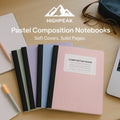 HighPeak Pastel Composition Notebooks with soft pastel covers, stitched spines, wide-ruled pages, on a wooden desk setup