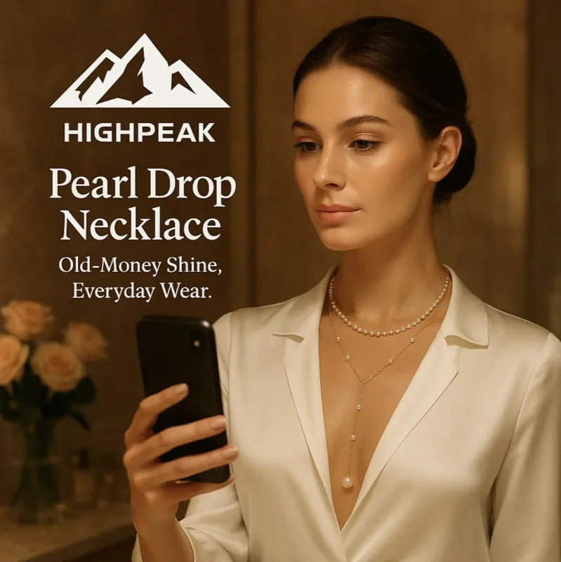 HighPeak Pearl Drop Layered Necklace worn by woman in cream blouse, elegant double-layer pearl necklace with Y-shaped drop pendant