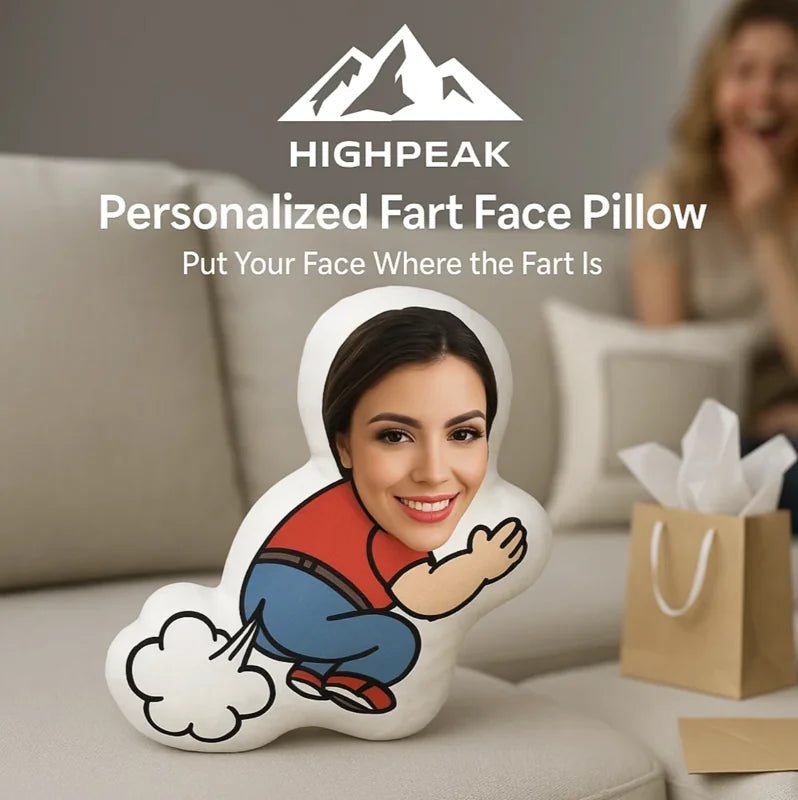 HighPeak Funny Personalized Fart Face Pillow with custom smiling face on plush cushion in living room setting