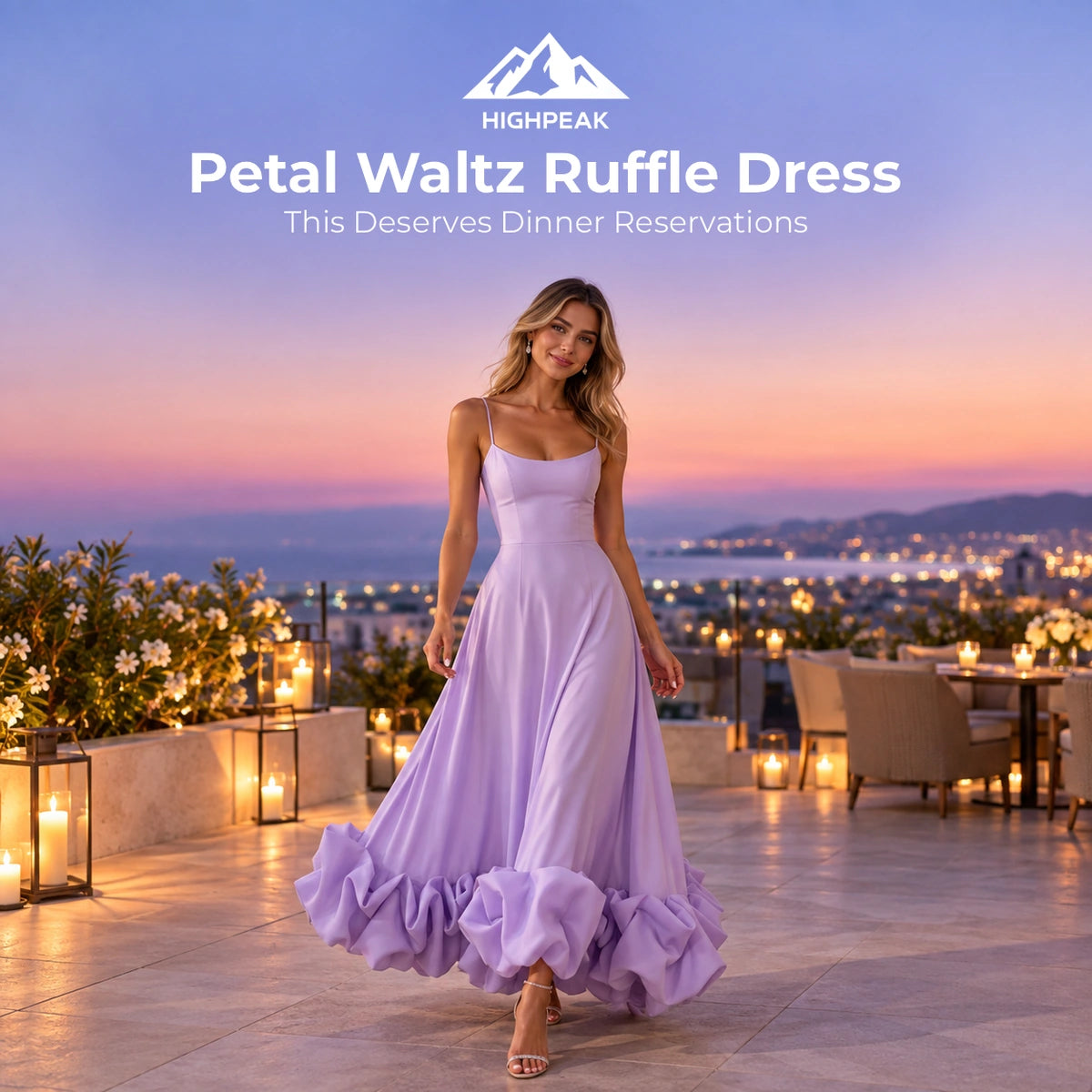 HighPeak Petal Waltz Ruffle Dress in purple, worn on a rooftop terrace with its flowing skirt and ruffled hem visible.
