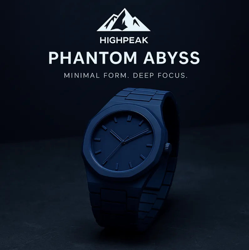 HighPeak Midnight Phantom™ stealth watch in matte black with quartz movement displayed on a dark background