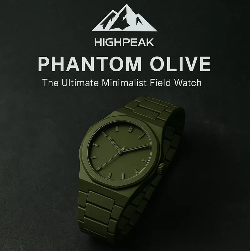 Midnight Phantom™ stealth watch in matte black with quartz movement, durable design on dark background by HighPeak