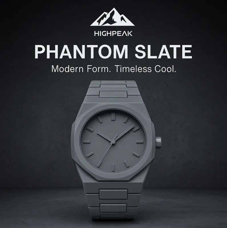 Midnight Phantom™ stealth watch in matte black by HighPeak with minimalist design and durable quartz movement.