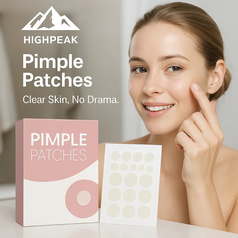 HighPeak Pimple Patches with clear hydrocolloid dots shown on woman’s face and packaging in soft lighting