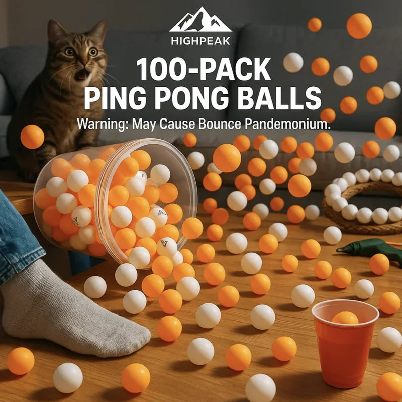 HighPeak 100-Pack Table Tennis Balls in orange and white scattered on wood floor with cat and red cup nearby