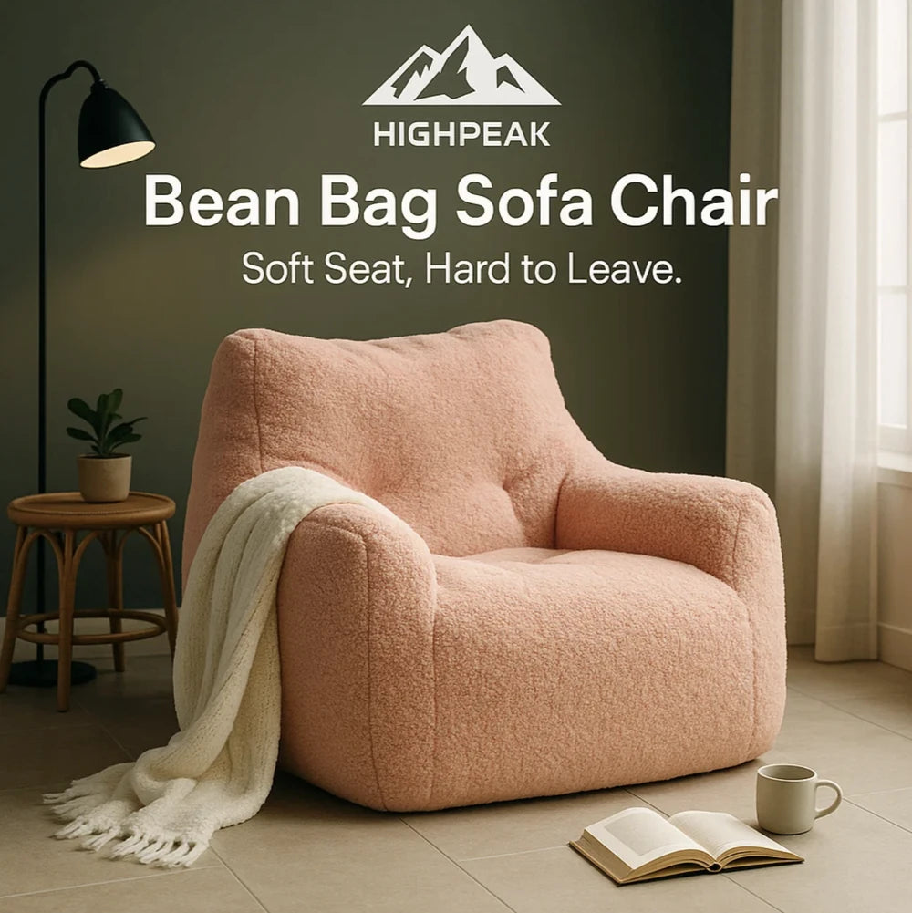 HighPeak Bean Bag Sofa Chair in soft pink sherpa upholstery with ergonomic memory foam in cozy living room.