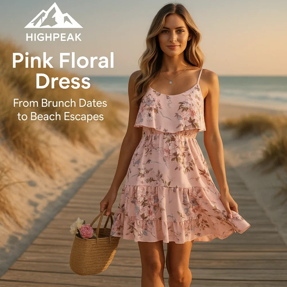 HighPeak Pink Floral Off Shoulder Dress in pink floral print worn on a beach boardwalk with a straw tote bag