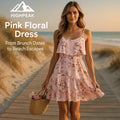 HighPeak Pink Floral Off Shoulder Dress in pink floral print worn on a beach boardwalk with a straw tote bag