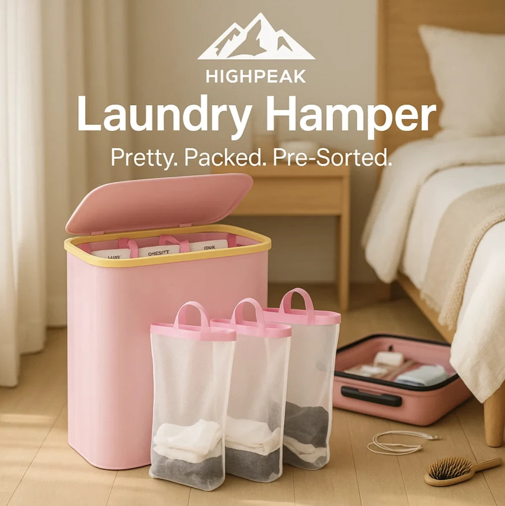 HighPeak 3-Section Laundry Hamper in pink with removable mesh bags and bamboo lid in a bright bedroom setting
