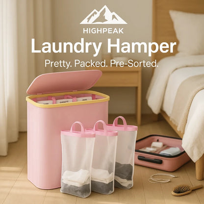 HighPeak 3-Section Laundry Hamper in pink with removable mesh bags and bamboo lid in a bright bedroom setting