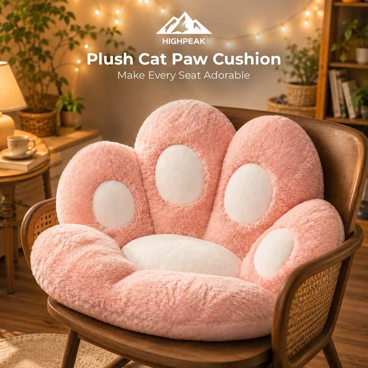 A plush cat paw-shaped cushion in soft pink with white circular pads, displayed on a wooden cane-back chair in a cozy, warmly lit room. The text 'HIGHPEAK Plush Cat Paw Cushion Make Every Seat Adorable' is visible at the top.