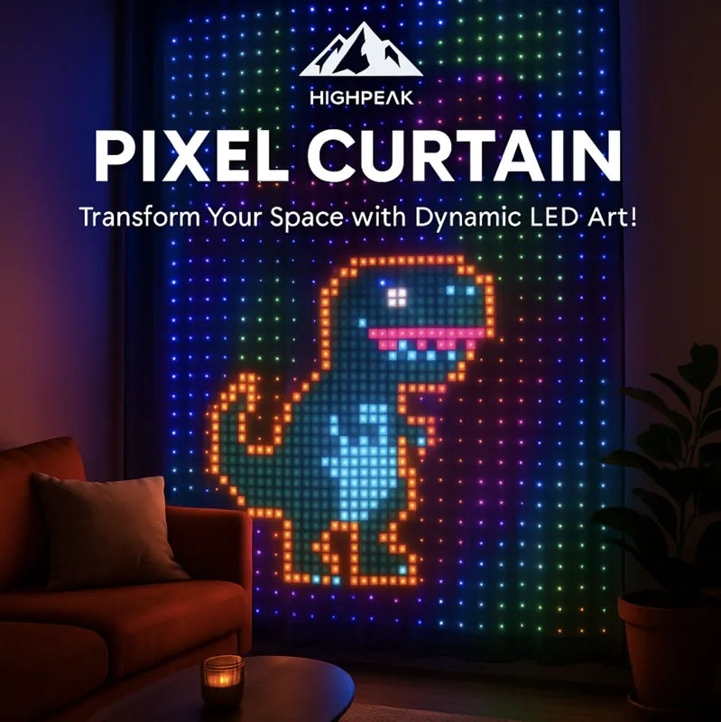 HighPeak Pixel Curtain displaying colorful LED dinosaur art in a cozy living room with dark walls and soft lighting