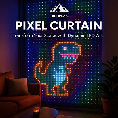 HighPeak Pixel Curtain displaying colorful LED dinosaur art in a cozy living room with dark walls and soft lighting