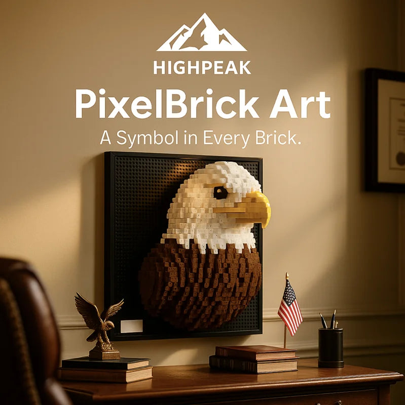 HighPeak PixelBrick Art featuring a 3D bald eagle brick sculpture mounted on a wall in a cozy room setting