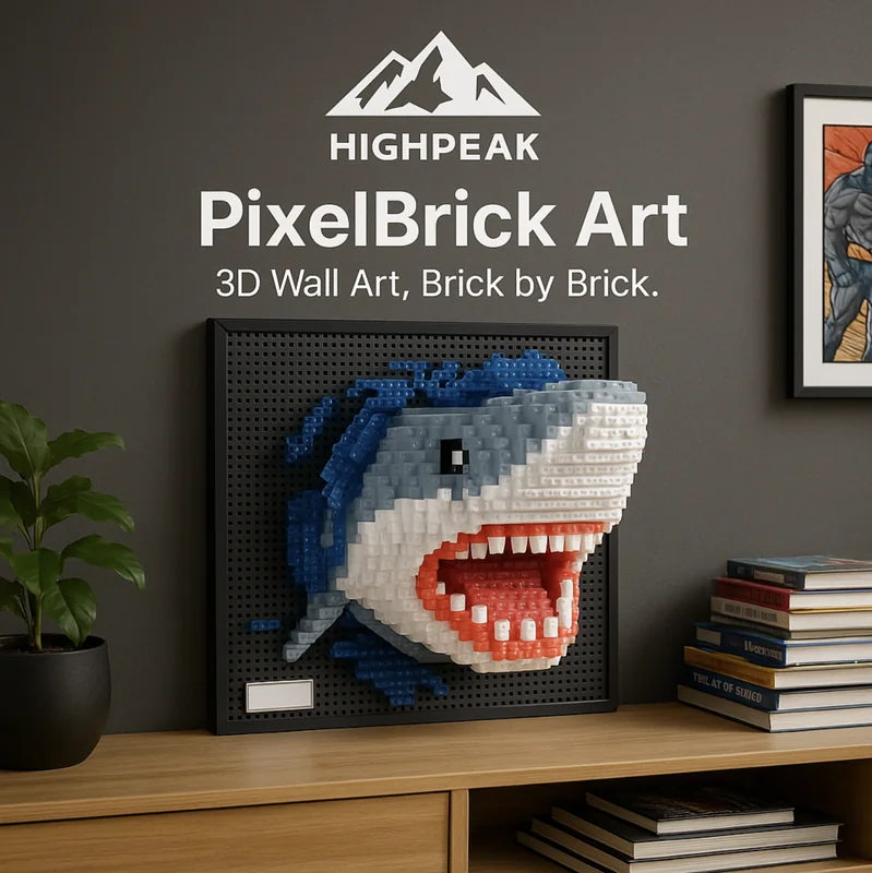 HighPeak PixelBrick Art shark design 3D wall art with deep blue and white bricks on a modern shelf display