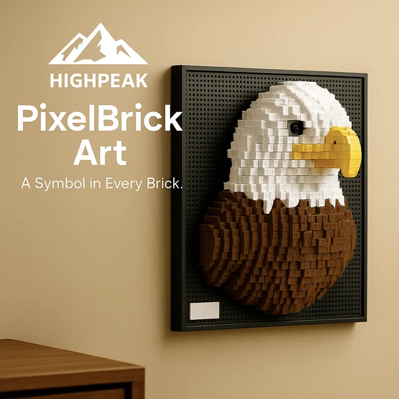 HighPeak PixelBrick Art bald eagle 3D brick wall art with black frame displayed on beige wall interior