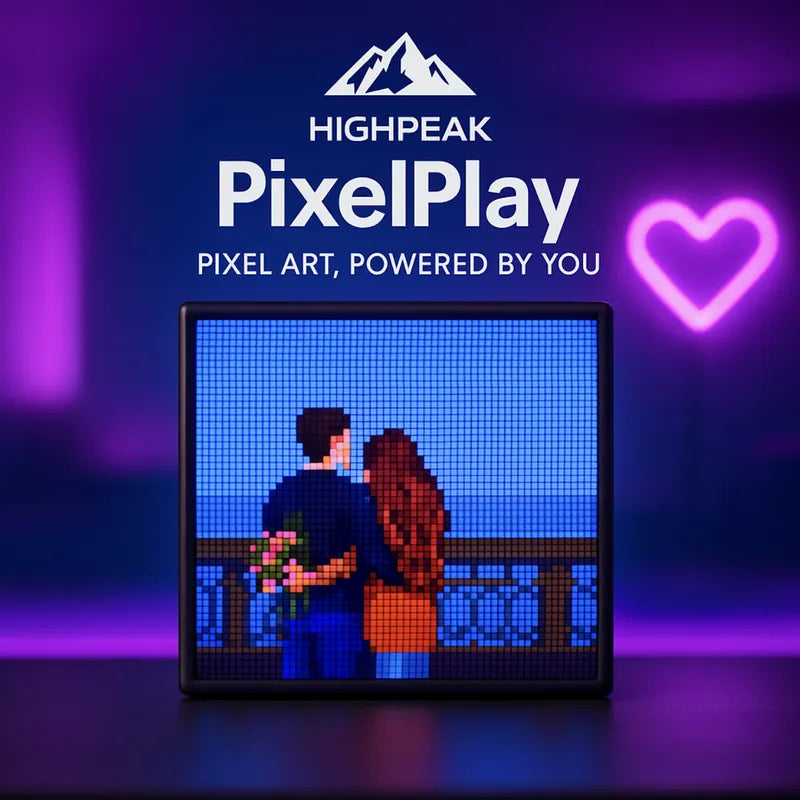 HighPeak PixelPlay™ smart LED frame showing pixel art couple with flowers, glowing purple heart neon in background