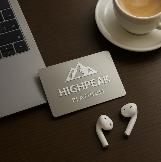 HighPeak Membership Platinum card on dark wood desk with laptop, AirPods, and coffee cup in warm office setting