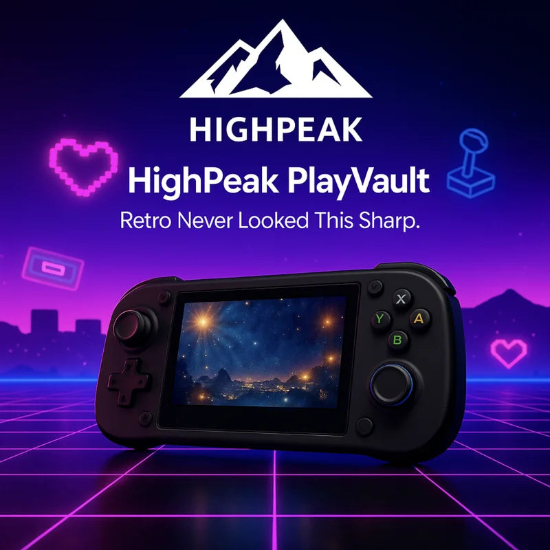 HighPeak PlayVault handheld console in black with colorful buttons and glowing retro arcade background at night