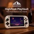 HighPeak PlayVault handheld console in white with colorful buttons showing retro game on table in cozy room