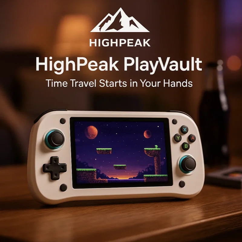 HighPeak PlayVault handheld console in white with colorful buttons showing retro game on table in cozy room