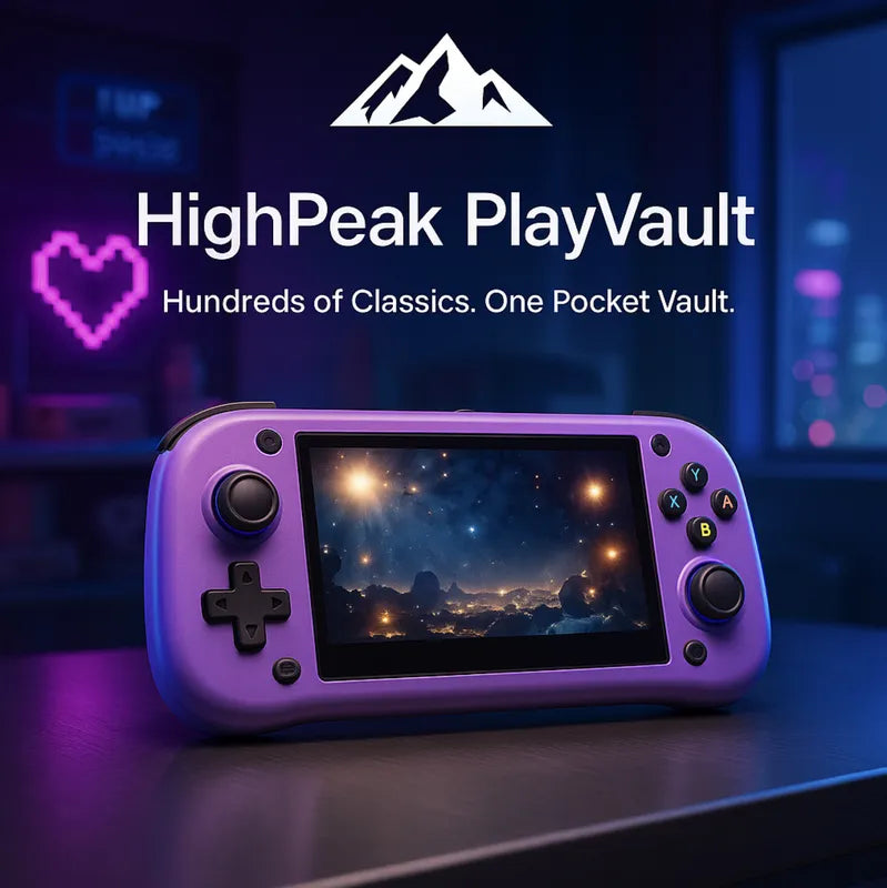 HighPeak PlayVault handheld console in purple with vibrant 4.3" HD display showing a starry game scene on a desk