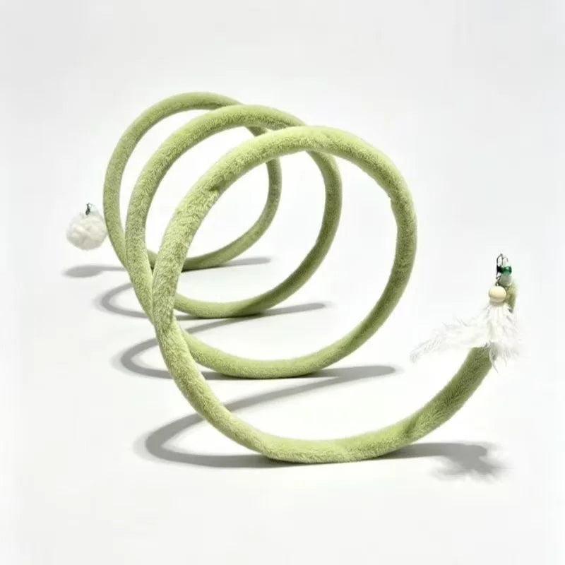 Extended green Plush Cat Spiral Toy in a front angled view on a white background