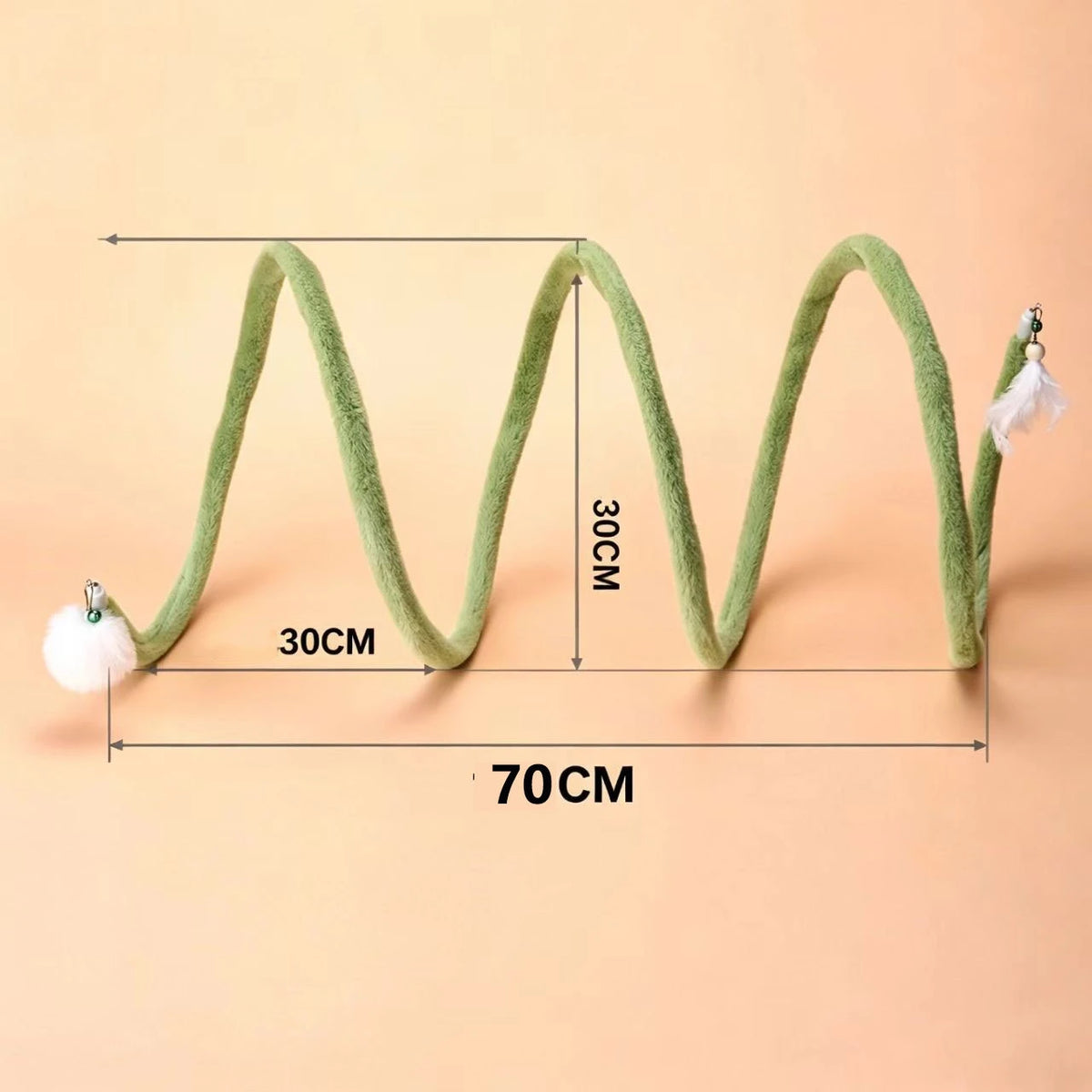 Green Plush Cat Spiral Toy size diagram showing approximately 70 cm length and 30 cm height