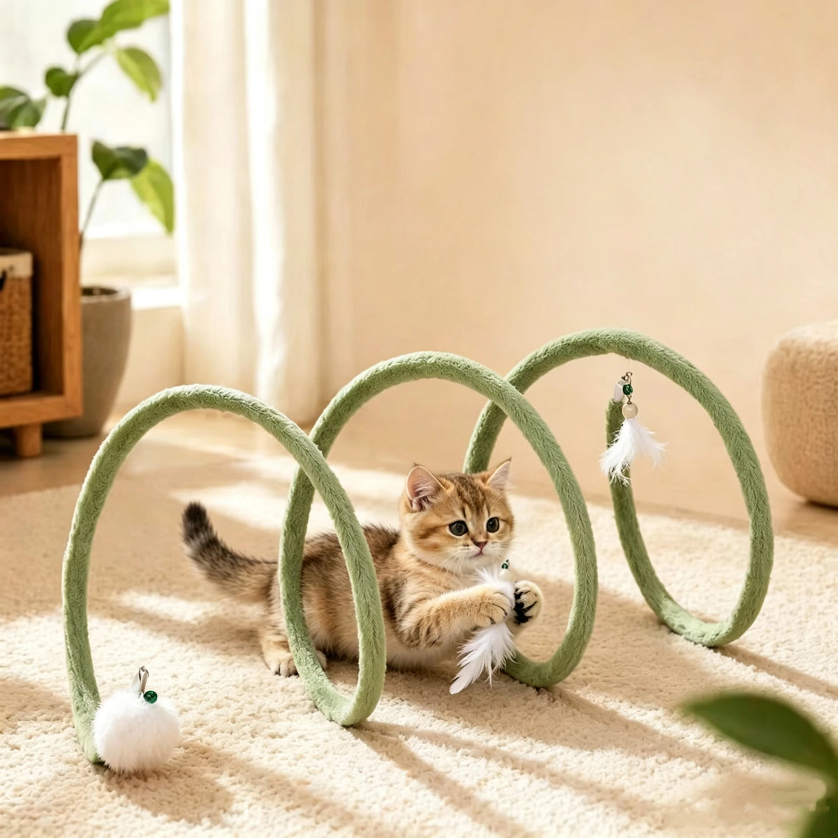 Kitten playing between green plush spiral coils with a feather attachment in a bright room