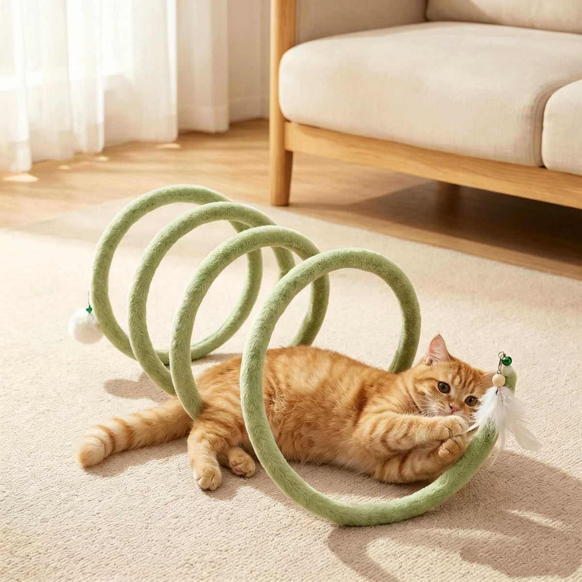 Orange cat lying beside a green Plush Cat Spiral Toy and pawing its feather attachment near a sofa