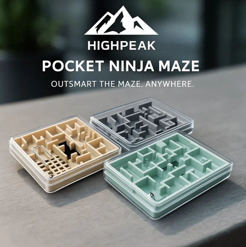HighPeak Pocket Ninja Maze in beige, gray, and green, showing three portable 3D puzzle mazes on a smooth surface