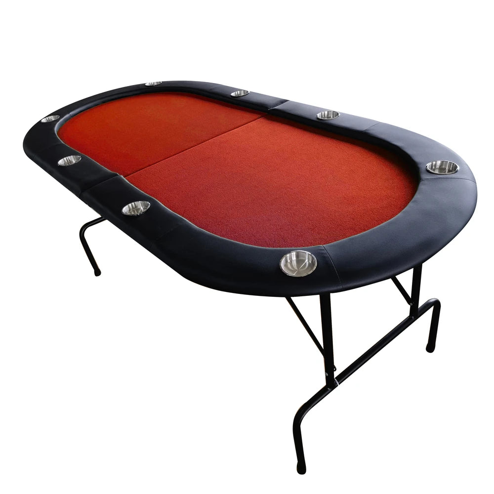 HighPeak Foldable Poker Table with red felt surface, black padded edges, built-in cup holders, and foldable legs.