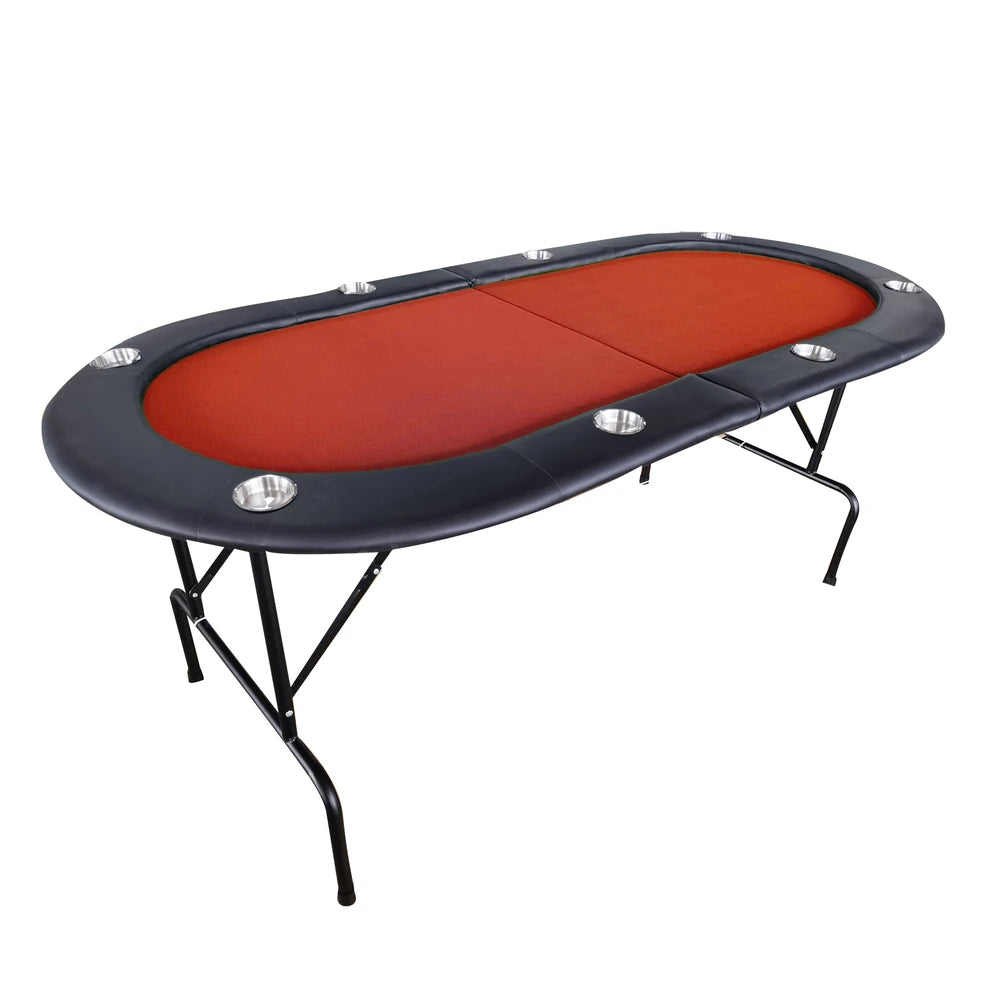 HighPeak Foldable Poker Table with red felt surface, black padded rail, cup holders, and sturdy foldable black frame