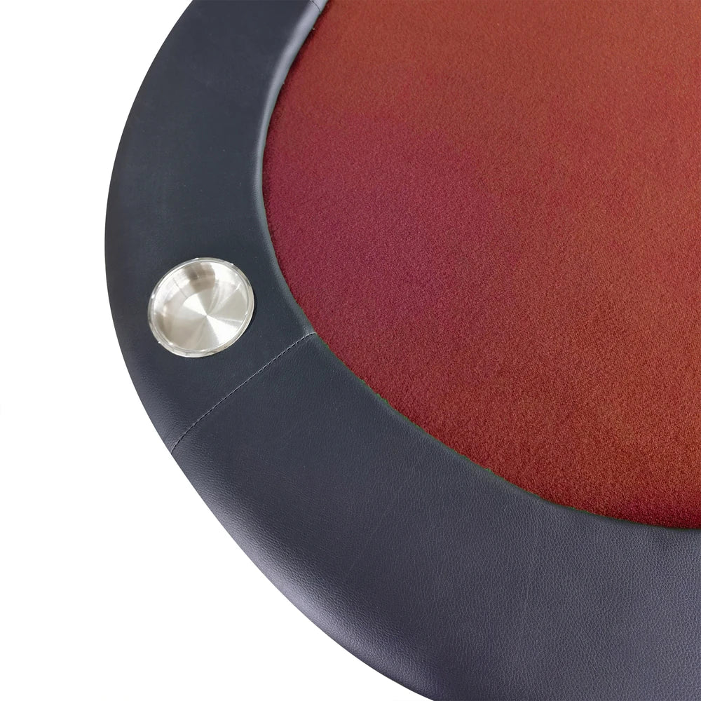 HighPeak Foldable Poker Table showing red felt surface and stainless steel cup holder on black padded rail.