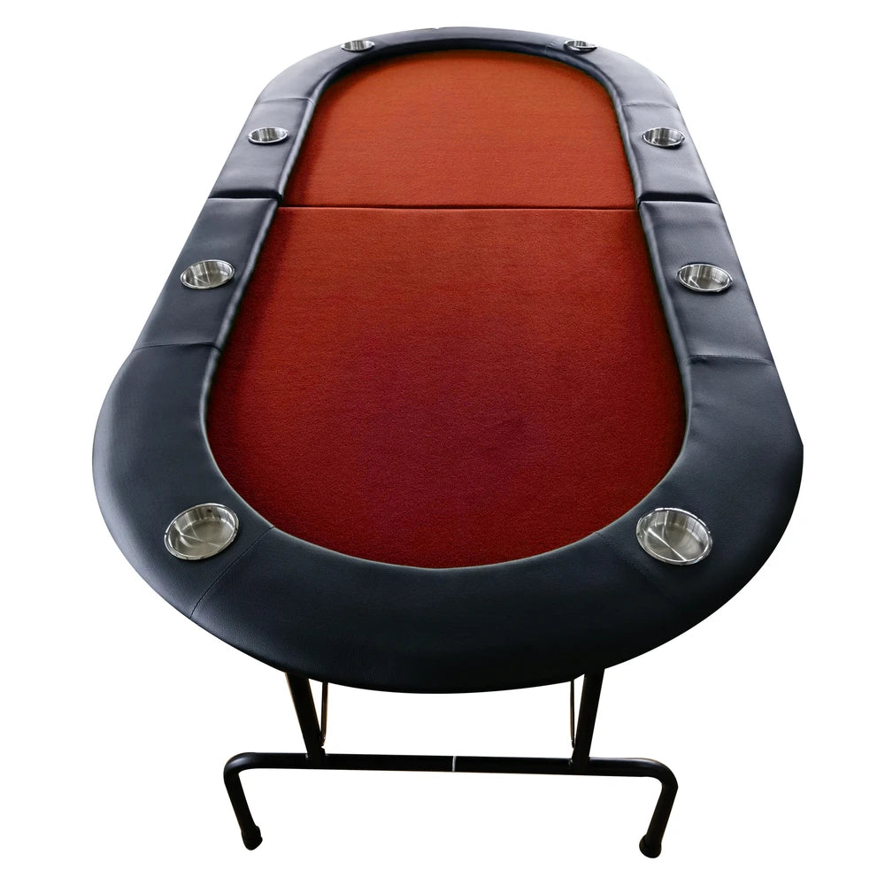 HighPeak Foldable Poker Table with red felt surface, padded black rail, stainless cup holders, and foldable black legs.