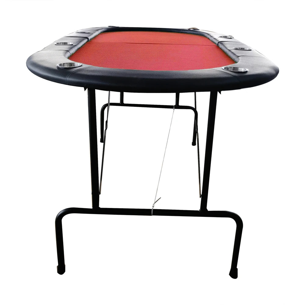 HighPeak Foldable Poker Table with red felt, black padded edges, built-in cup holders, and sturdy foldable frame