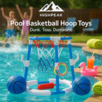 HighPeak Pool Basketball Hoop Toys in blue and white with balls and rings floating in a backyard pool setting