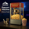 Flanders Popper popcorn machine with popcorn and a scoop on a dark background