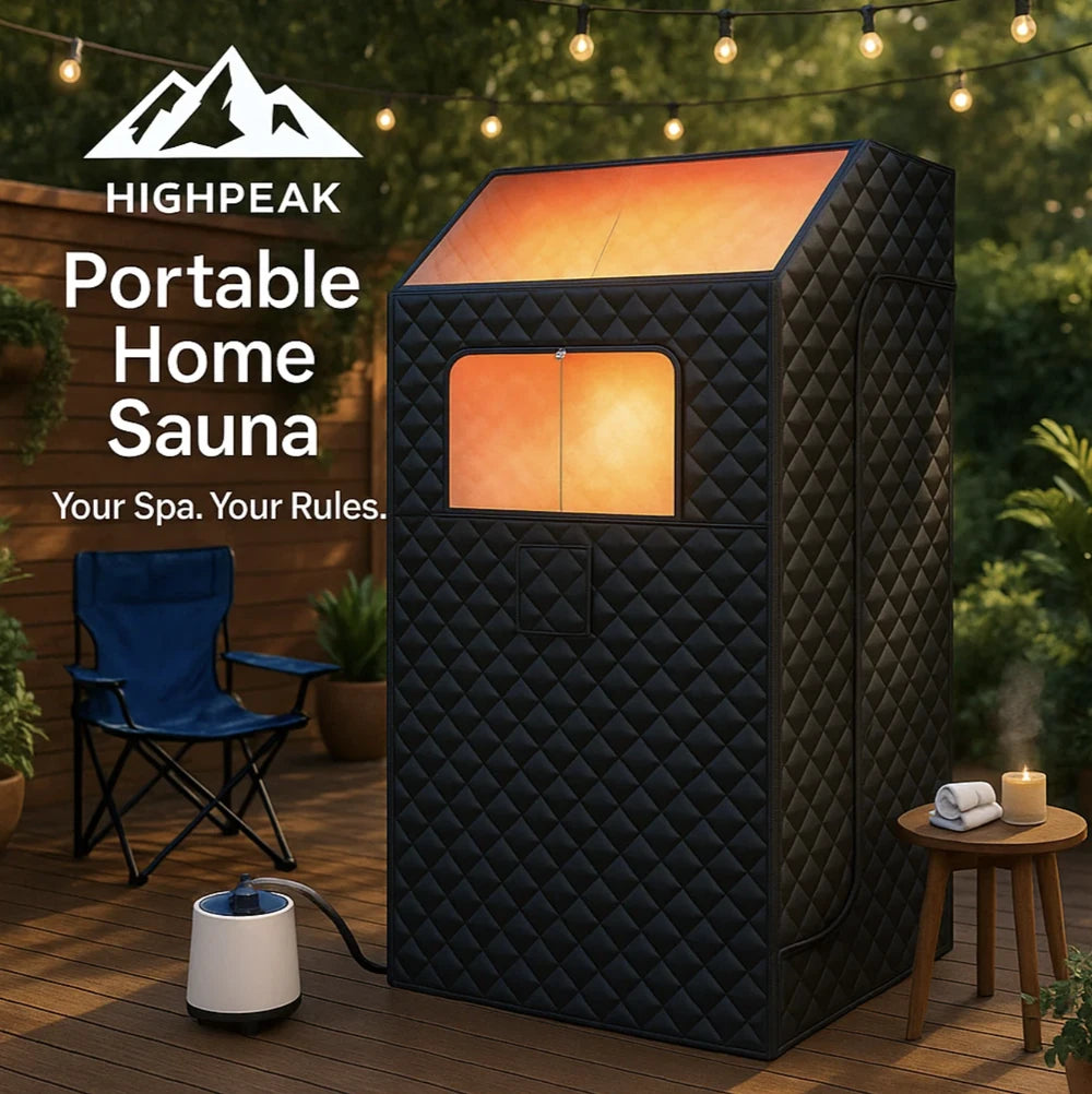 HighPeak Portable Home Sauna in black quilted fabric with steamer on wooden deck at night outdoors